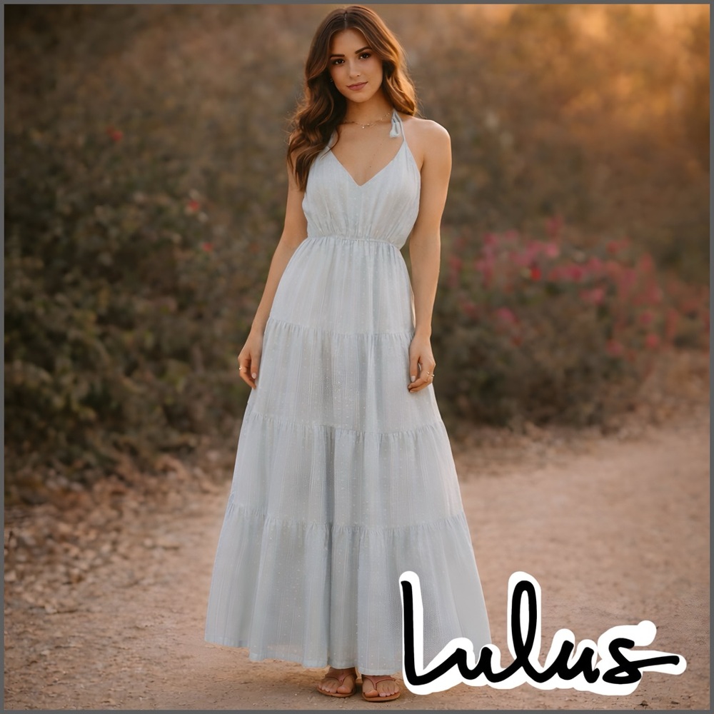 NWT Lulu's Baby Blue & Silver Sparkling Backless Maxi Dress Size XS